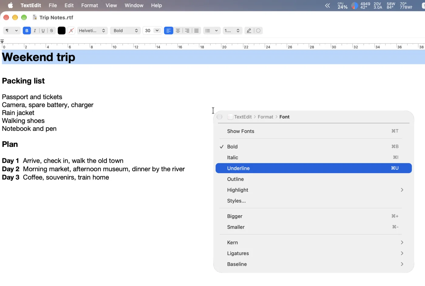 MenuDart’s App Menus popup beside the pointer, showing TextEdit’s Format and Font commands