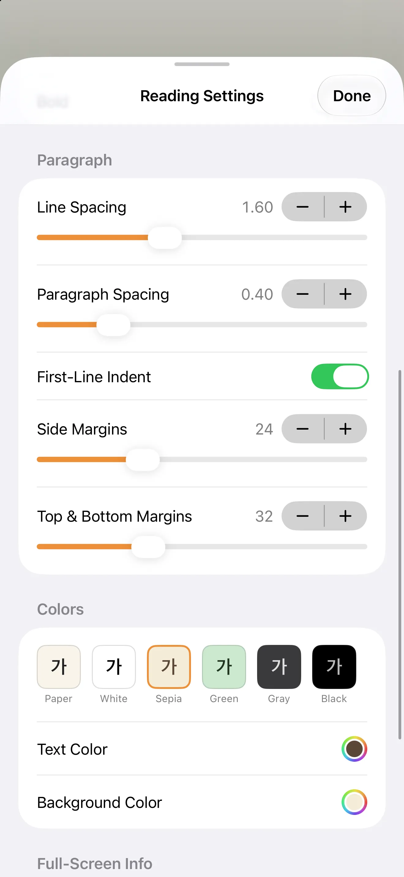 Reading Settings with line spacing, paragraph spacing, margins and six color themes