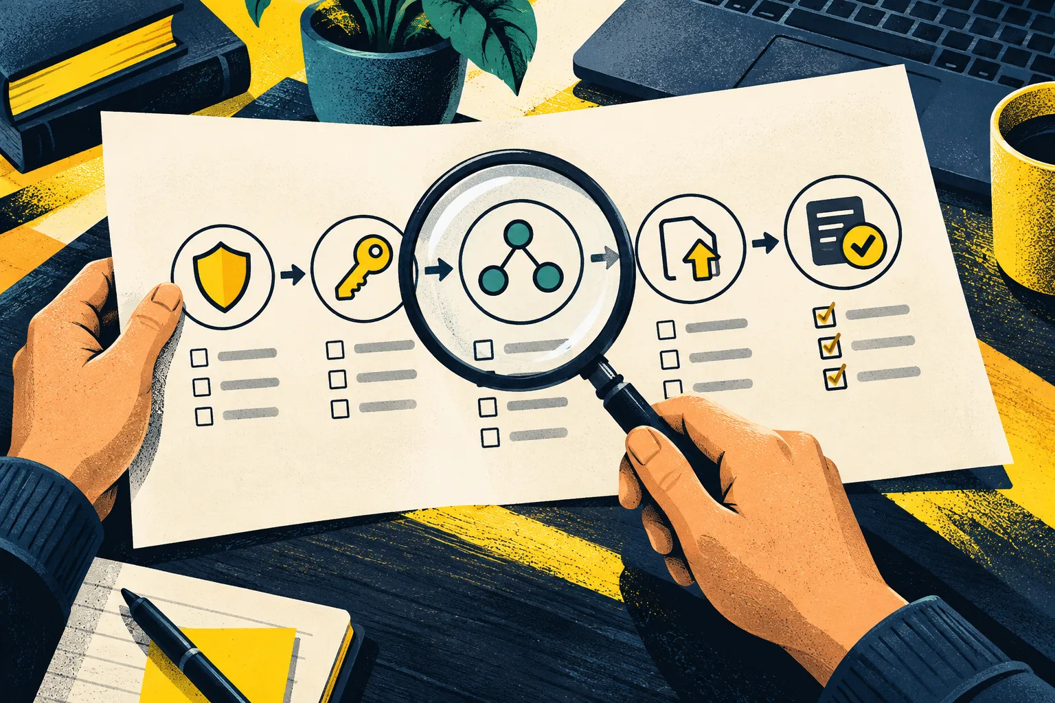 An illustration of a developer examining security requirements on a checklist and collecting verification evidence
