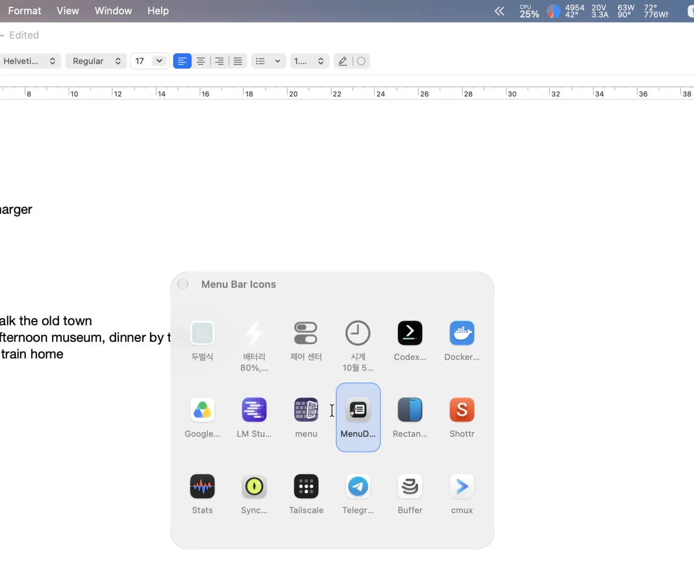 MenuDart’s grid of menu bar icons, with the MenuDart icon selected