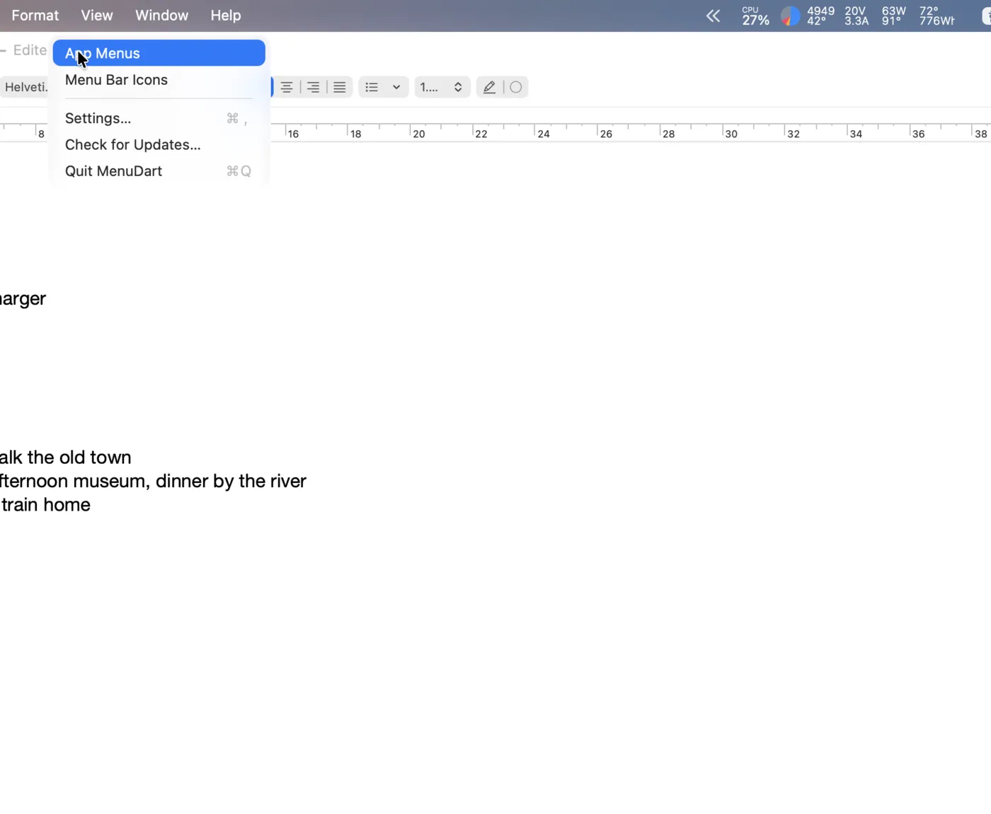 MenuDart’s own menu open under the menu bar, with the pointer already on the menu
